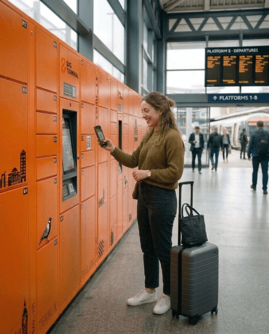 Traveler scanning QR code at Bag Terminal locker in a train station